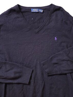 Polo Ralph Lauren Merino Wool Sweater Mens 2XL XXL V Neck Black Purple Pony